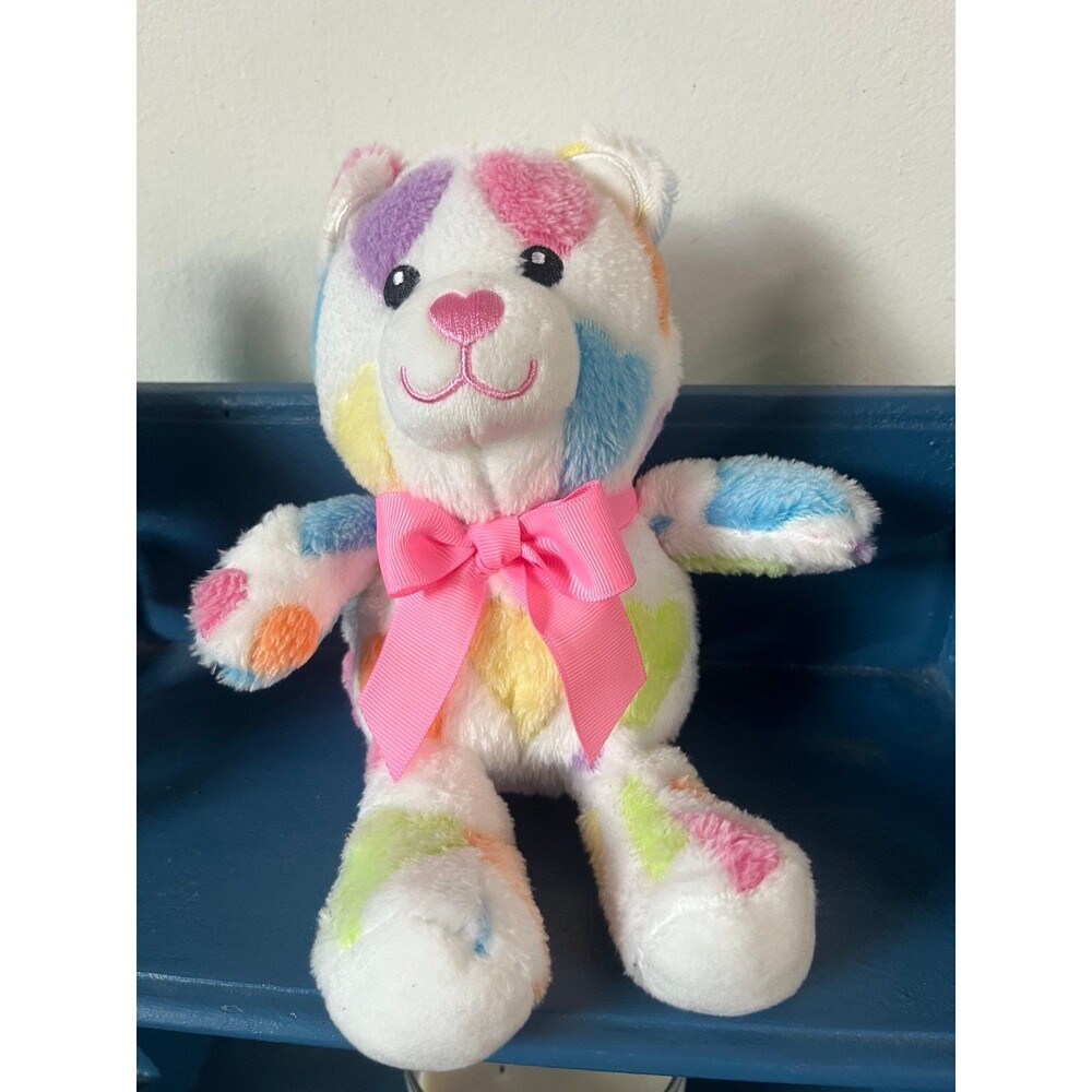 Colorful Heart teddy bear plush with pink bow